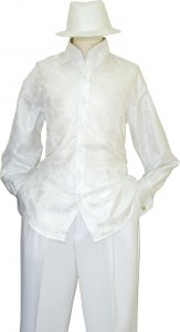 Manzini White With Shadow White Paisley Design Long Sleeves Shirt With French Cuff and Matching Hat MZT-15