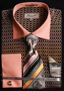 Fratello Black / Gold / Pink Weave Design 100% Cotton Shirt / Tie / Hanky Set With Free Cufflinks FRV4127P2.