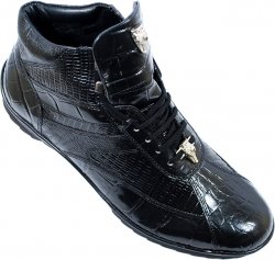 Giorgio Brutini Black Alligator / Lizard Print Casual Sneakers Boots With Silver Alligator Head on Laces And Tongue 200031