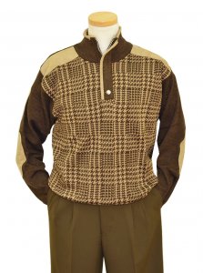 Silversilk Olive Brown / Beige Knitted Rayon Blend Zip-Up Houndstooth Sweater With Beige Microsuede Elbow Patches 6986