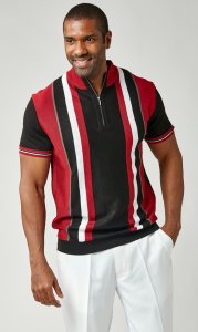 Stacy Adams Black / Red / White Knitted Half-Zip Pullover Short Sleeve Shirt 1211
