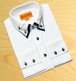 Manzini White Shadow Pinstripes With Black/ White Triple Layered High Collar 100% Cotton Dress Shirt V3