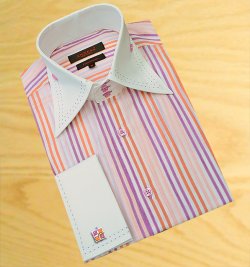 Axxess White / Violet / Apricot Stripes With Violet Double Handpick Stitching 100% Cotton Dress Shirt 07-21