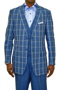 Inserch Royal Blue with Light Blue and White Double Windowpanes 100% Linen Vested Suit 660121B