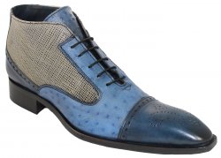 Duca Di Matiste 1104 Navy Genuine Italian Calfskin / Sky Blue Ostrich Print / Silver Grey Linen Print Ankle Boots.