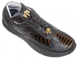 Mauri 8900 Brown/Cognac Genuine Ostrich And Nappa Leather Casual Sneakers With Gold Mauri Alligator Head