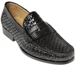 Belvedere "Franco" Black Genuine Lizard / Hand Woven Leather Loafer Shoes.