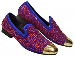 Fiesso Royal Blue Genuine Leather Loafer Shoes With Gold Metal Cap And Ruby Red Rhinestones FI6918