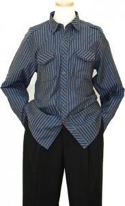 Manzini Slate Blue With Black Stripes Design Long Sleeves 100% Cotton Shirt