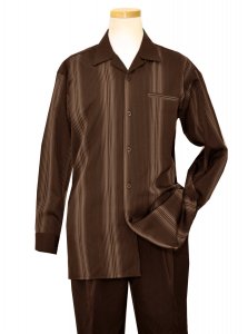 Tony Blake Chocolate Brown / Tan Vertical Stripes Long Sleeve 2 Piece Outfit Set LS366