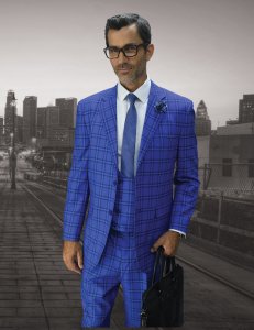 Statement "Ancona" Sapphire Blue / Black Plaid Super 150's Wool Vested Classic Fit Suit