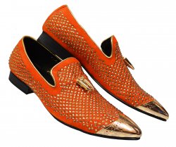 Fiesso Orange Genuine Suede Leather Slip On Shoes With Gold Metal Wingtip / Rhinstones / Tassels FI6968