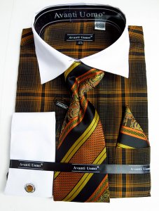 Avanti Uomo Gold / Black Windowpane Design Shirt / Tie / Hanky Set With Free Cufflinks DN62M