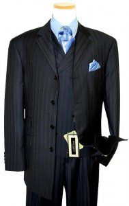 Steve Harvey Collection Black With Shadow Stripes And Dotted Sky Blue Pinstripes Super 120's Merino Wool Vested Suit