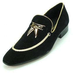 Fiesso Black / Gold Suede Leather Loafers With Gold Tassels / Embroidery FI7157.