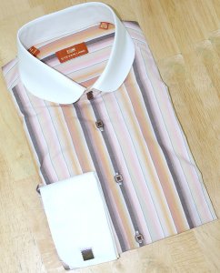Steven Land Brown/Beige/Light Pink Multi Stripes 100% Cotton Dress Shirt