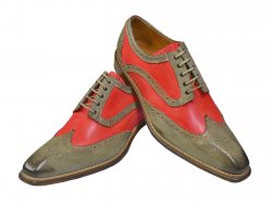 Jose Real "Florence" Taupe Grey / Coral Pink Italian Hand Painted Wingtip Shoes With Contrast Perforation R2318