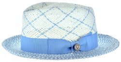 Bruno Capelo White / Light Blue Multi Patterned Diamond Crown Fedora Straw Hat EN-972.