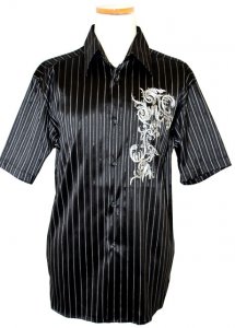 Pronti Black/Silver Grey Pinstripes With Embroidered Design & Metal Studs Shirt S1534