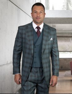 Statement "Lamba" Jade Green Plaid Super 150's Wool Vested Classic Fit Suit.
