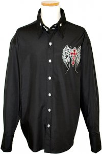 Manzini Black With White/Red Embroidered Cross Design Button Down High-Collar Long Sleeves 100% Cotton Shirt MZ-73