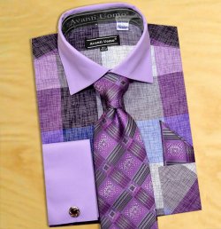 Avanti Uomo Lavender / Grey Check Design Shirt / Tie / Hanky Set With Free Cufflinks DN65M.