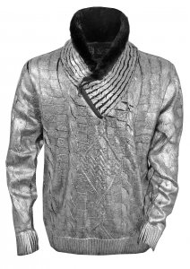 Prestige Metallic Silver / Black Pull-Over Modern Fit Faux Fur Collar Sweater PD-431
