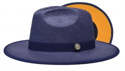 Bruno Capelo Navy Blue / Gold Bottom Flat Brim Straw Fedora Hat KI-502