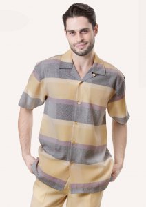 Montique Pastel Yellow / Lavender / Grey Multi Patterned Horizontal / Sectional Design Short Sleeve Outfit 675