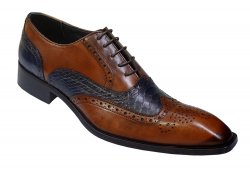 Duca Di Matiste 1116 Hand Painted Cognac / Navy Blue Genuine Italian Calfskin Leather / Snakeskin Print Wingtip Shoes With Perforation