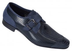 Mauri "4719" Wonder Blue Genuine Ostrich Leg / Calf Shinny Perforated / Nabuk Loafer Shoes With Monk Strap