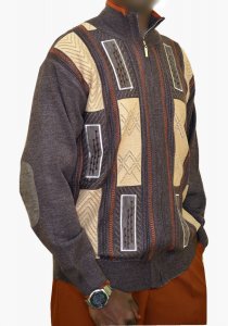 Silversilk Charcoal Grey / Tan / White/ Rust Knitted Front Zipper Artistic Design Microsuede Sweater Jacket With Stitched Elbow Patches 6960