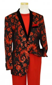 Giorgio Balanero Black / Red Embroidered Floral Design Blazer With Black Velvet Lapels 116