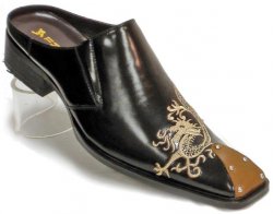 Fiesso Black Embroidered Dragon Mules With Brown Leather Tip FI6477