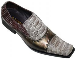 Fiesso Taupe Anaconda Print Loafer Shoes With Metal Studs FI8211