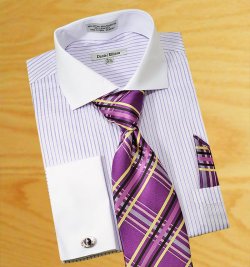 Daniel Ellissa White / Lilac Pinstripes With Spread Collar / Free Cufflinks Shirt / Tie / Hanky Set DS3761P2