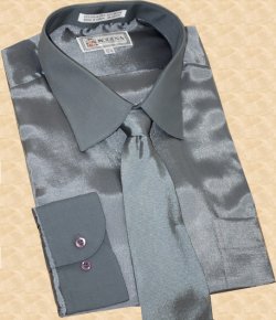 Modena Metallic Grey Woven Rayon Blend Dress Shirt/Tie/Hanky Set