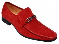 UV Signature Red Microsuede Genuine Leather Lined Loafer Shoes With Red Piping / Gunmetal Bracelet UV014