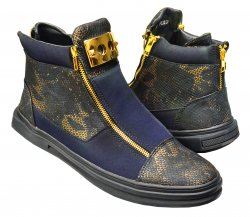Fiesso Navy Blue Microsuede / Embossed Snake High Top Sneakers With Double Zippers FI2210