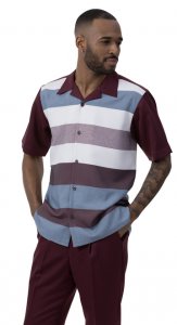 Montique Wine / White / Grey Sectional Design Short Sleeve Outfit 2038