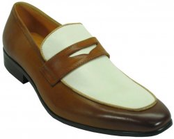 Carrucci Brown / Bone Genuine Leather Two Tone Penny Loafer Shoes KS2240-12T.