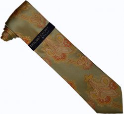 Steven Land Collection "Big Knot" SL131 Olive Green / Gold / Taupe / Rust Paisley Design 100% Woven Silk Necktie/Hanky Set