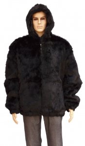 Winter Fur Black Full Skin Rabbit Jacket With Detachable Hood M05R02BK