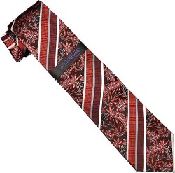 Piattelli Collection PT001 Red / White / Grey / Black Diagonal Paisley Stripes 100% Woven Silk Necktie/Hanky Set