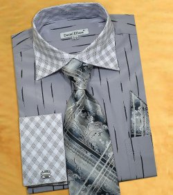 Daniel Ellissa Grey / White Vertical Stripe Two Tone Shirt / Tie / Hanky Set With Free Cufflinks DS3777P2