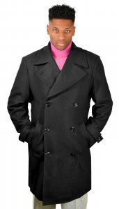 Cigar Black Wool Blend Modern Fit 3/4 Length Double Breasted Trench Pea Coat TC-950