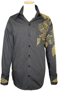 Manzini Black With Gold Emroidered Design High Collar Long Sleeves 100% Cotton Shirt With French Cuffs MZ-90