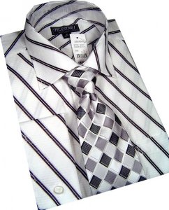 Tessori White/Black Diagonal Striped Shirt/Tie/Hanky Set SH-07
