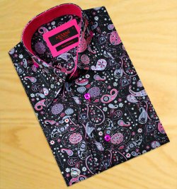 Axxess Black With Silver Grey / Pink / White Paisley 100% Cotton Dress Shirt 04-03