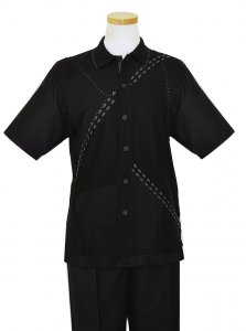Silversilk Black Combo with Grey Embroidery 2Pc Short Sleeve Knitted Silk Blend Outfit #5322